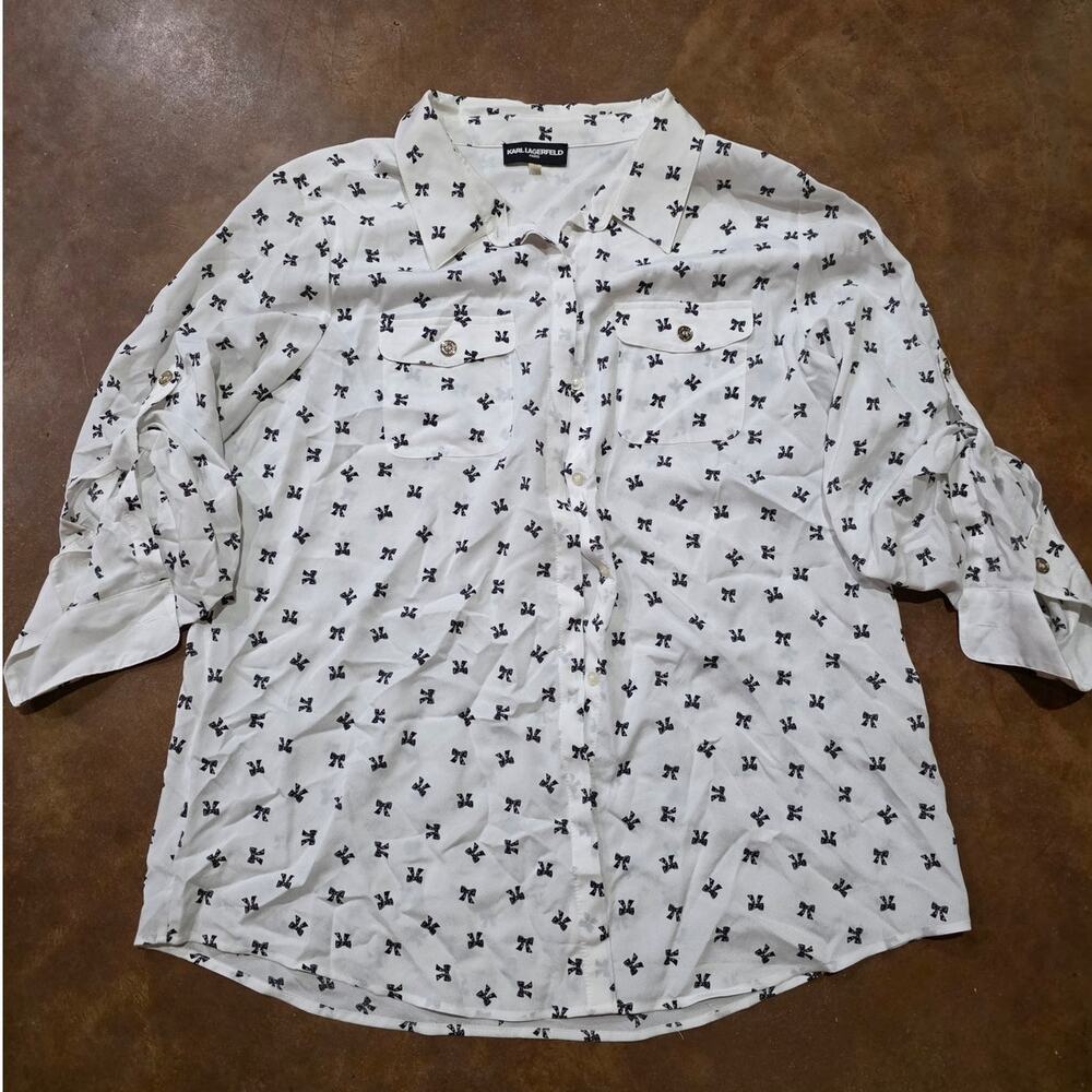 Silky Bow Tie Blouse Karl Lagerfeld White Christmas Sz XL